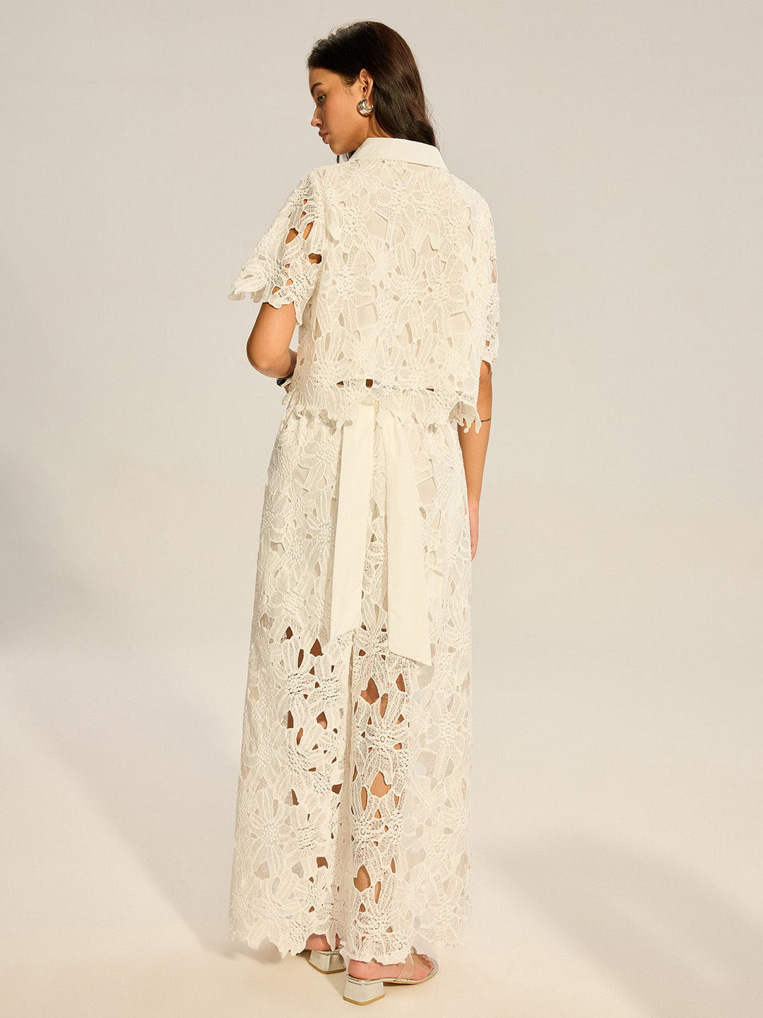 Lace Crochet Cut-Out Top and Wide-Leg Pants Set