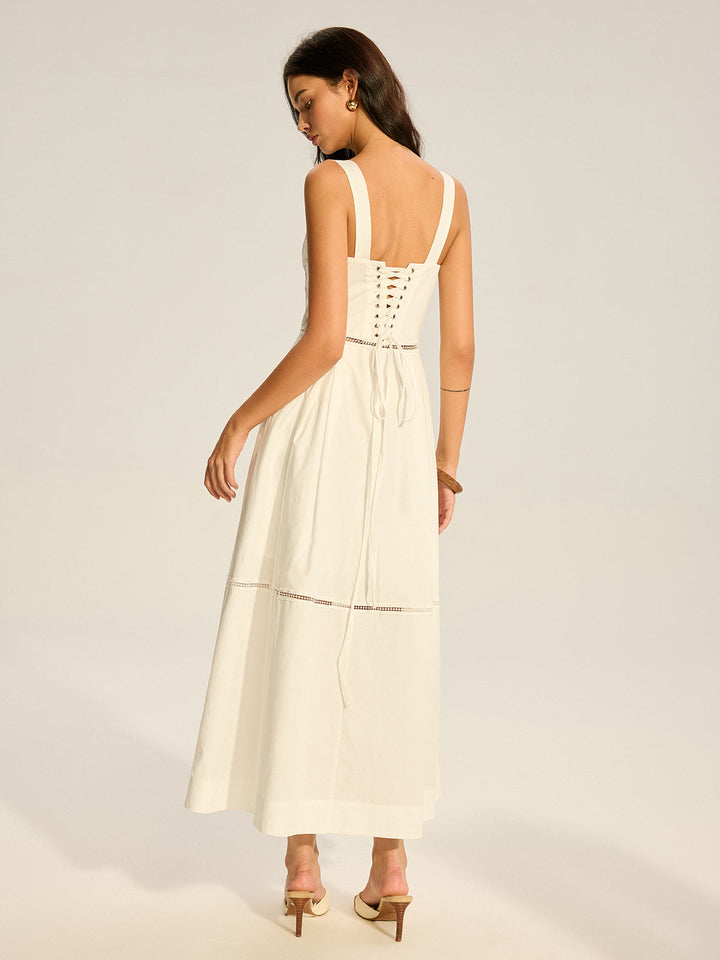 Lace-Panelled Back-Tie Cotton Maxi Dress