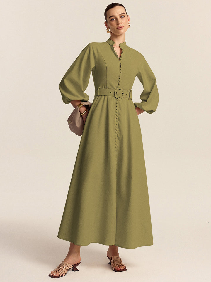 Belted Button Front Maxi Dress