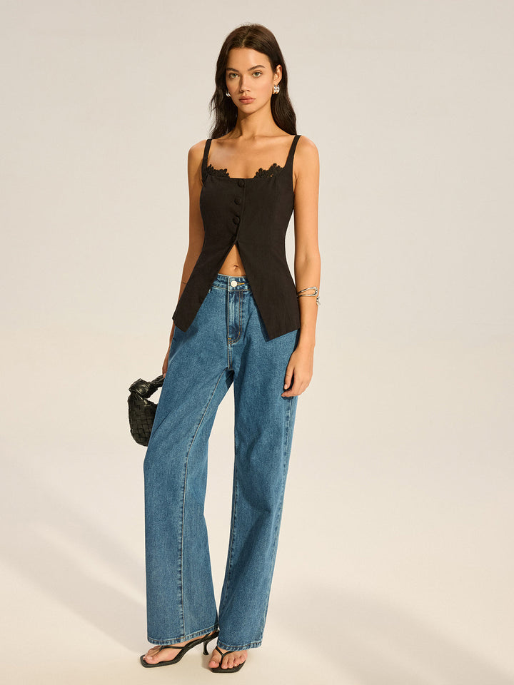 Semi-Sheer Lace-Trimmed Button Top with Slit