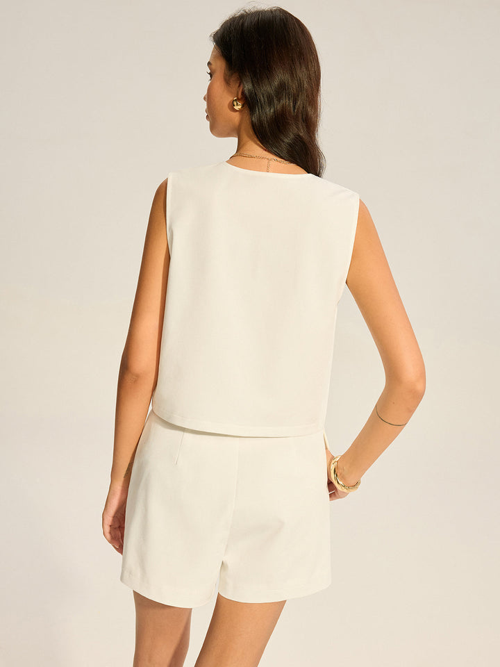 V-Neck Pocketed Top and Pleated Shorts Set