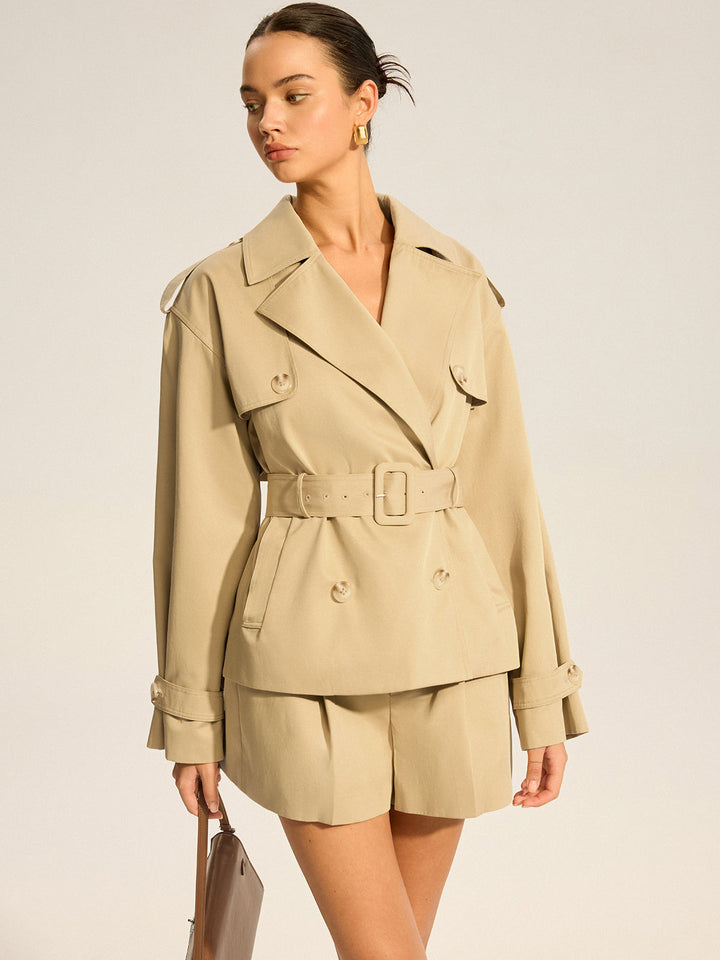 Cotton Blend Belted Double-Breasted Trench Coat