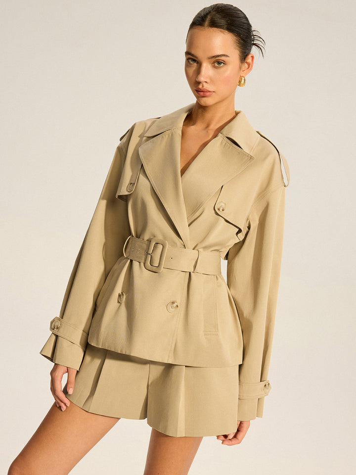 Cotton Blend Belted Double-Breasted Trench Coat
