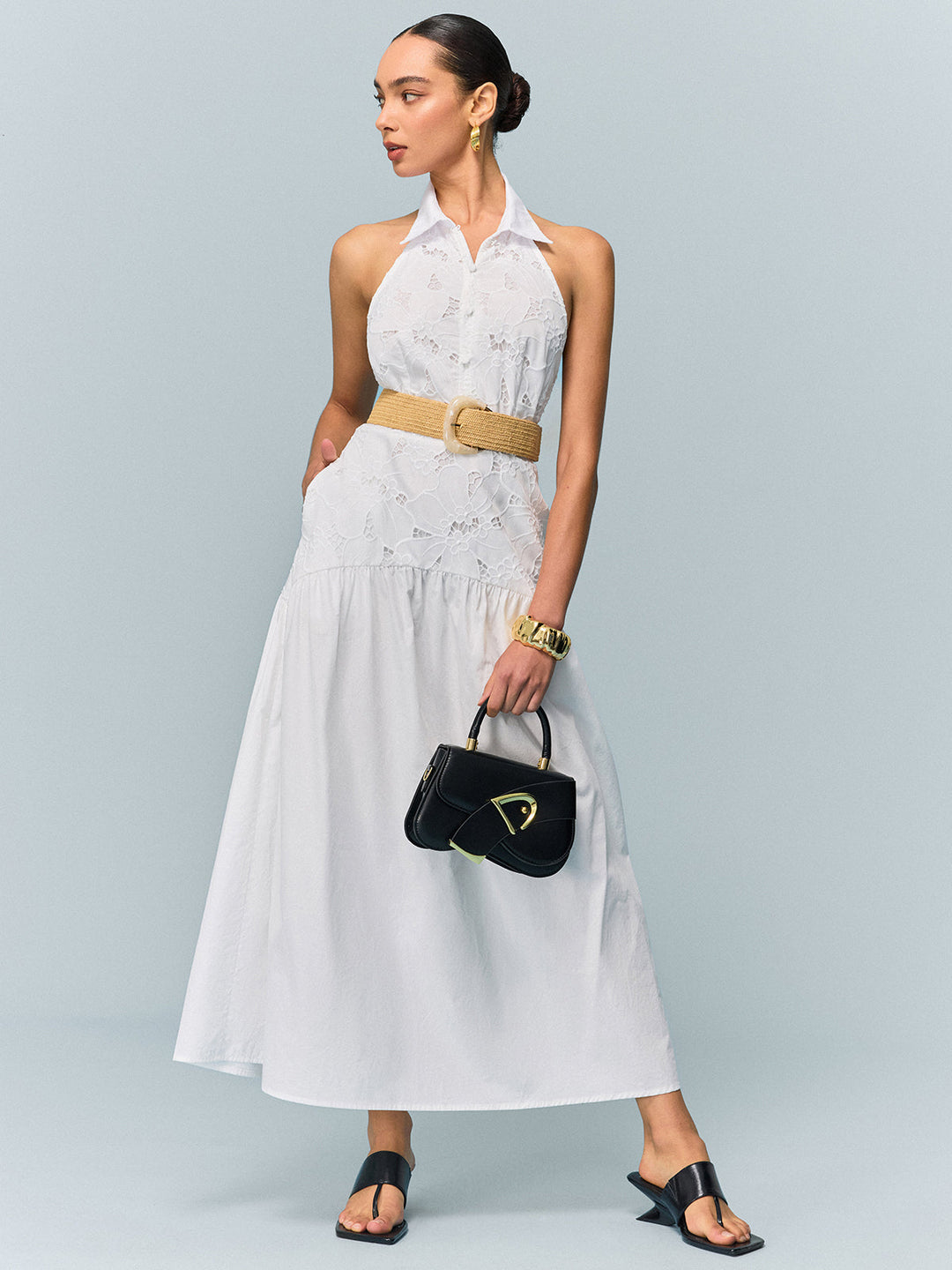 Pocketed Halter Neck Embroidered Dress with Non-Belted