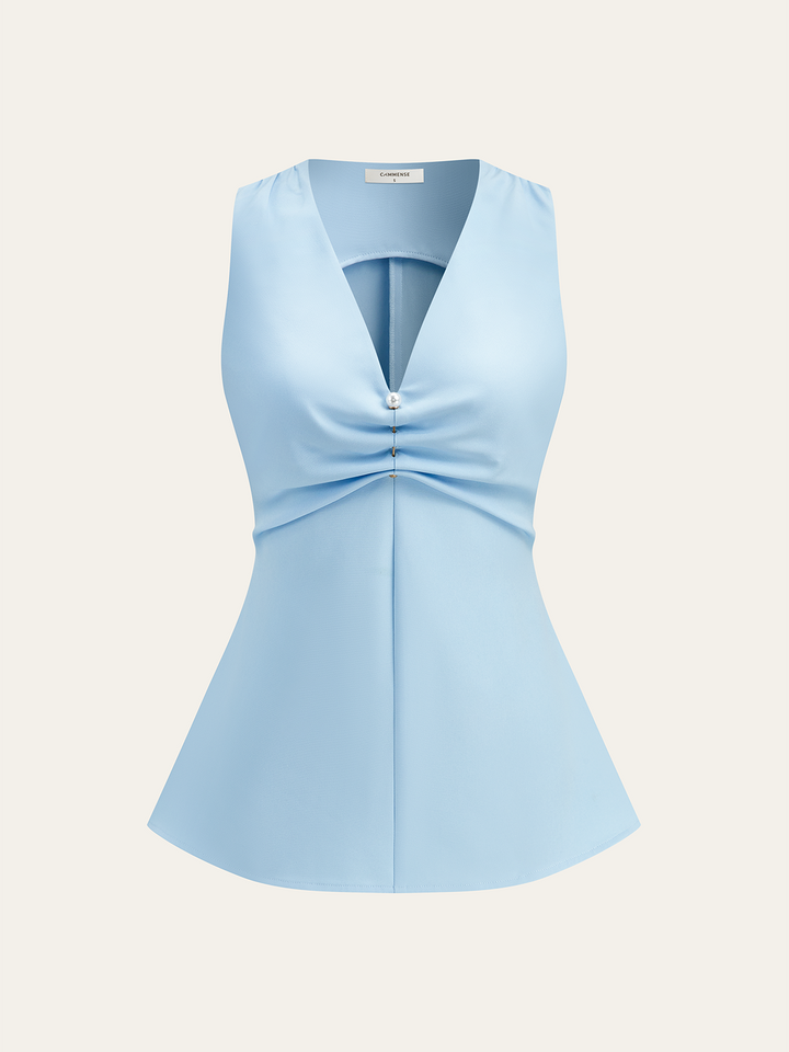 V-Neck Ruched Top with Pearl Detail