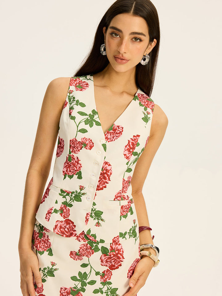 Floral Printed Vest and Skirt Set