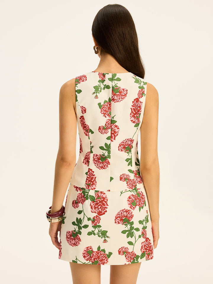 Floral Printed Vest and Skirt Set