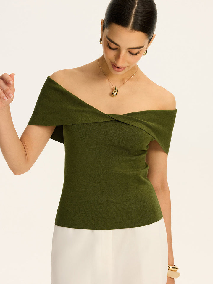 Off-Shoulder Twist-Front Knit Top