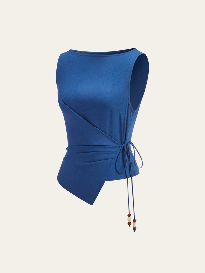 Asymmetric Wrap-Tie Sleeveless Top with Beaded String