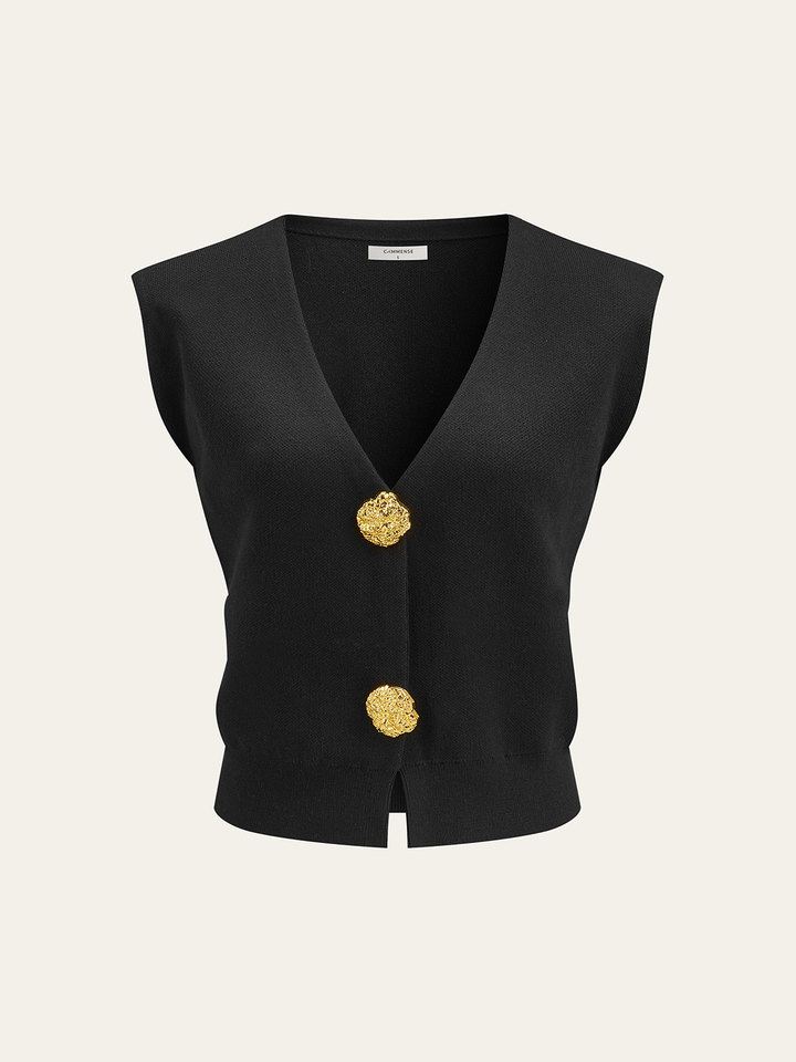 Metal Button V-Neck Knit Vest