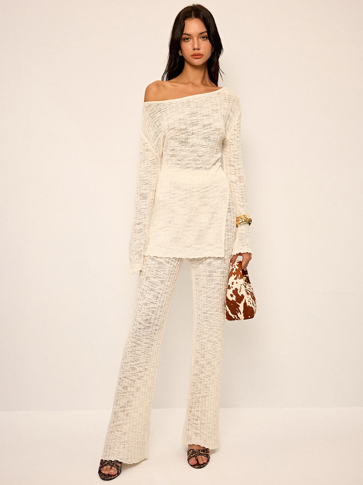 Off-Shoulder Sheer Knit Top and Flared Pants Set