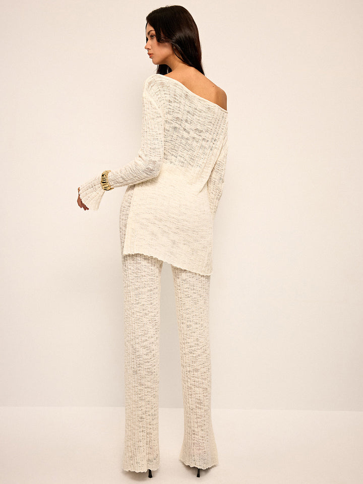 Off-Shoulder Sheer Knit Top and Flared Pants Set