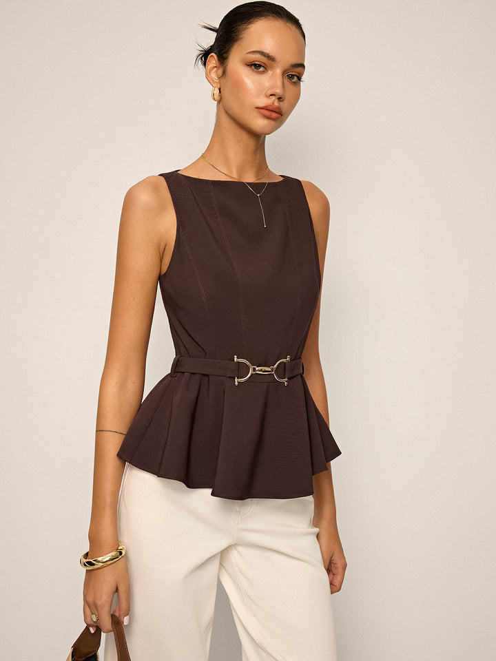 Sleeveless Peplum Top with Metal Buckle Belt