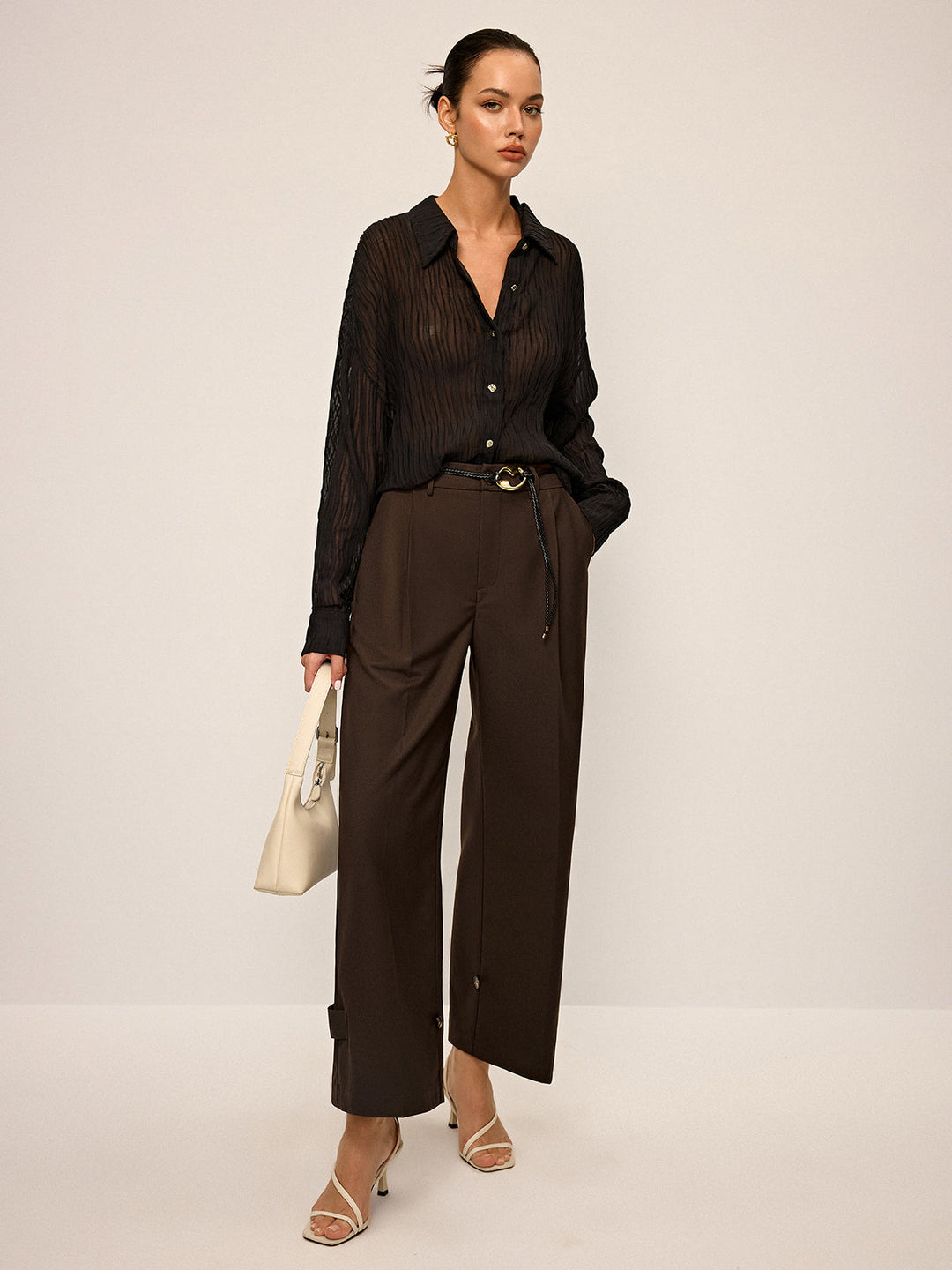 Pleated Wide-Leg Pants with Ankle Button Detail
