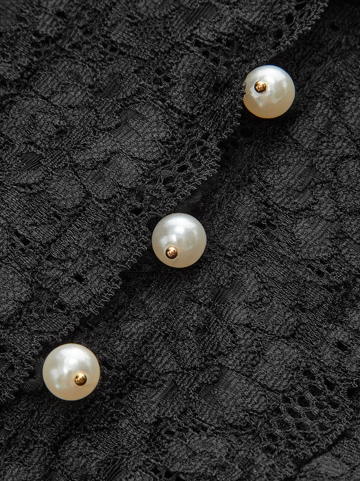 Semi-Sheer Lace Trim Pearl Button Top
