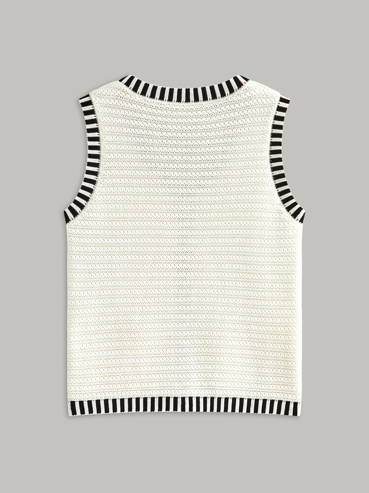 Button Striped Trim Knit Vest