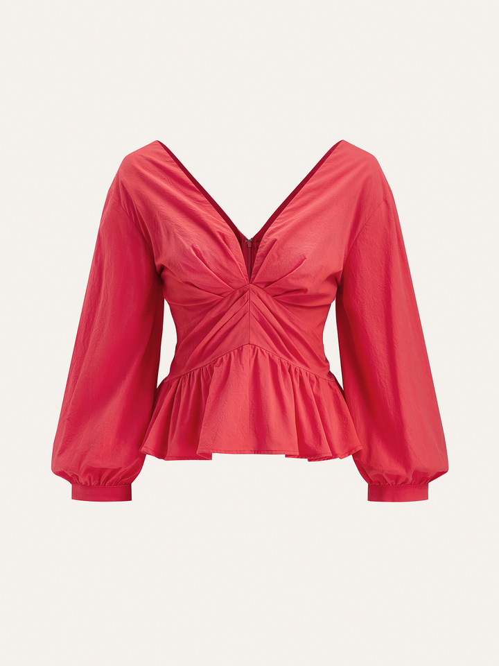 Cotton Deep V-Neck Peplum Top