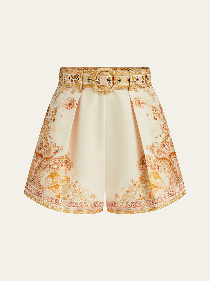 Belted Boho Print Tailored Shorts