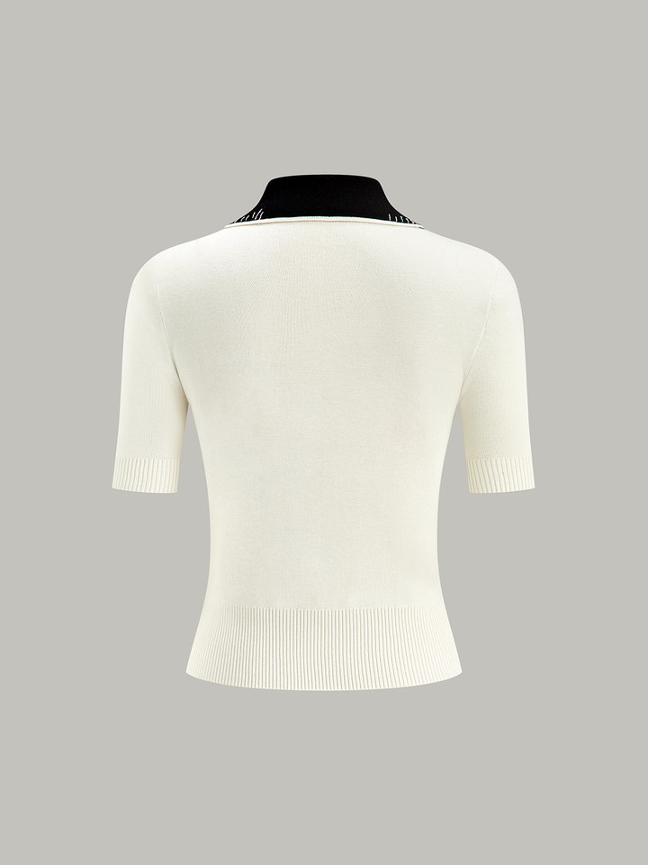 Contrast-Collar Polo Knit Top