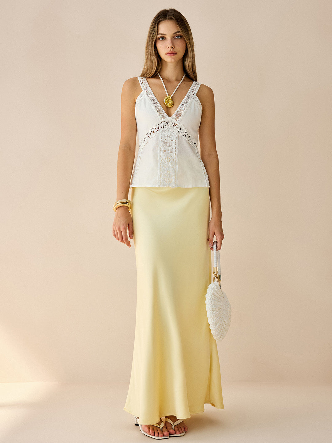 Semi-Sheer Linen & Cotton Lace V-Neck Top