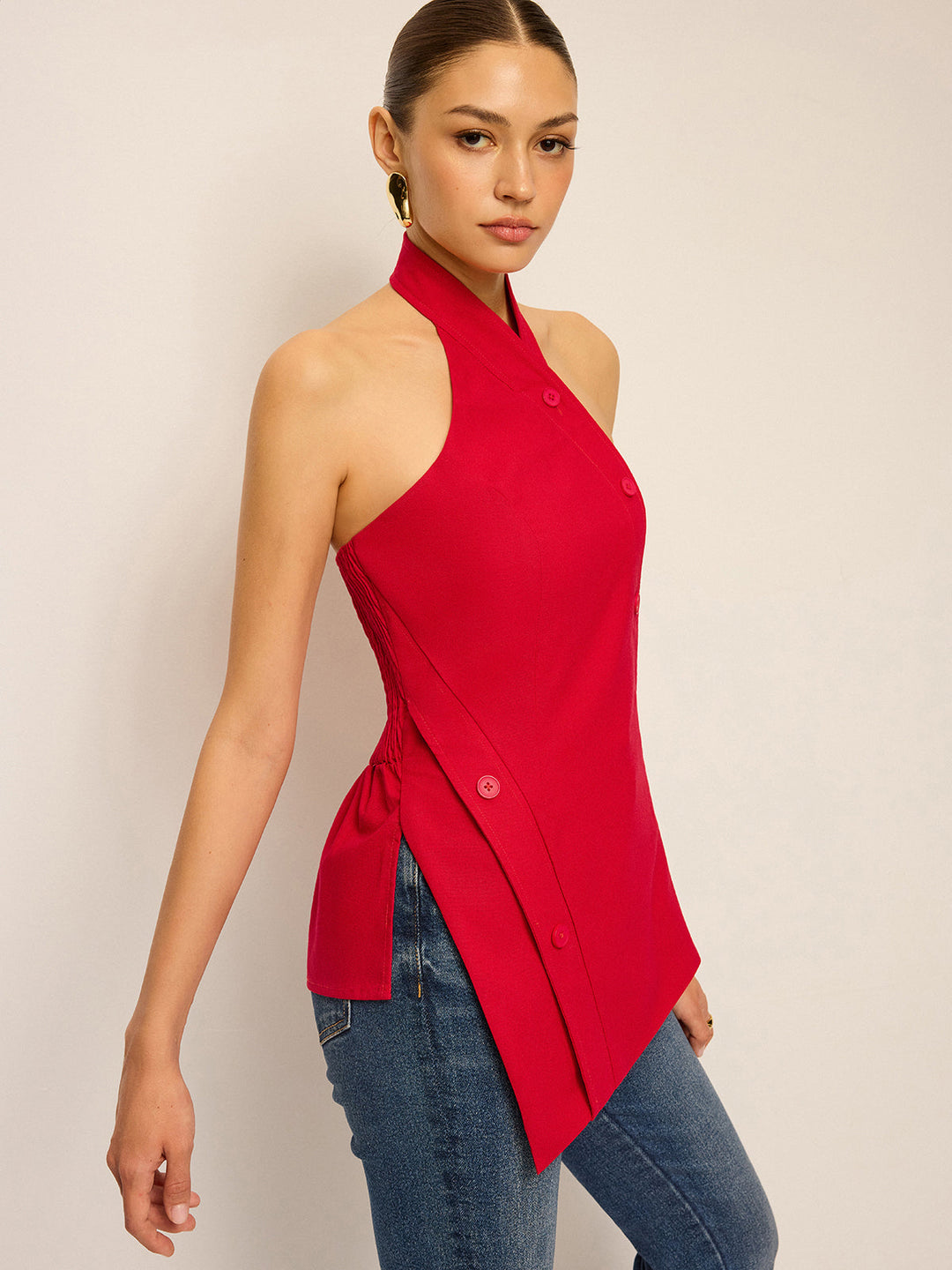 Asymmetric Halter Neck Button Top