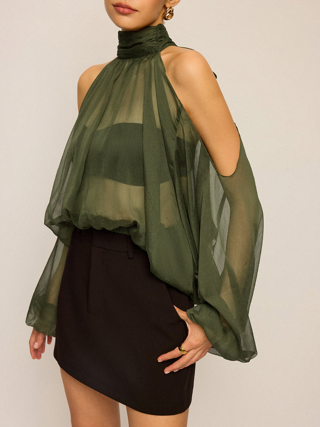 Sheer Halter Neck Cut-Out Sleeve Top with Bow Back