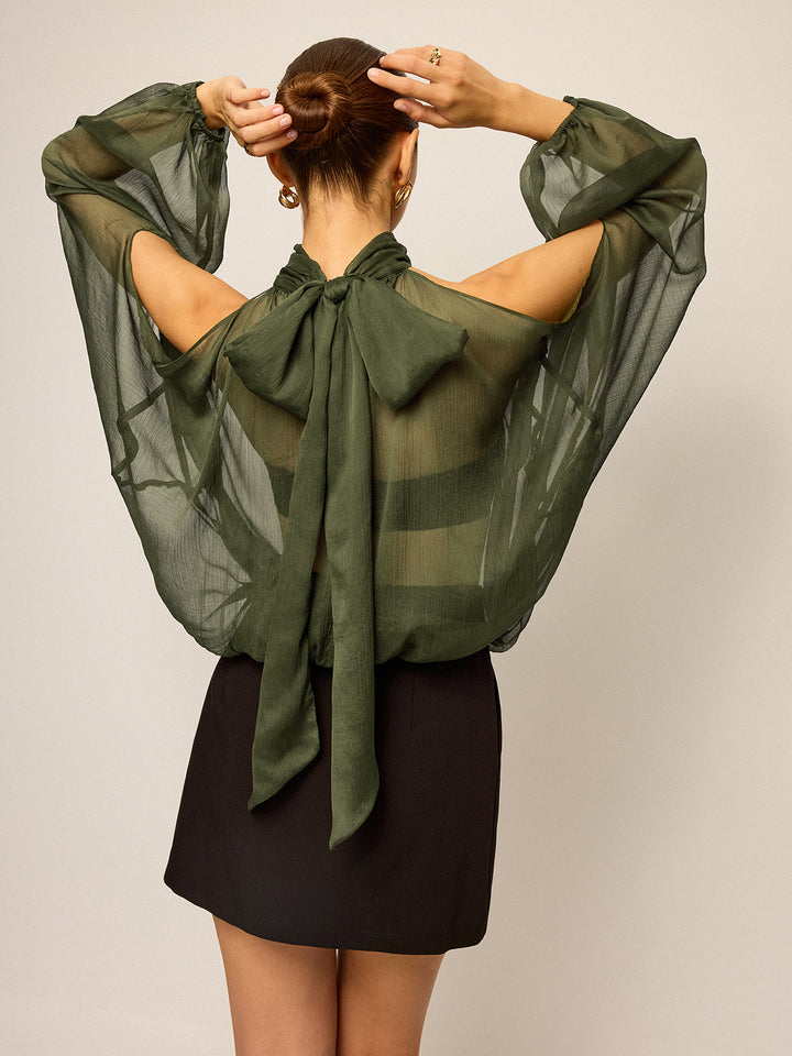 Sheer Halter Neck Cut-Out Sleeve Top with Bow Back