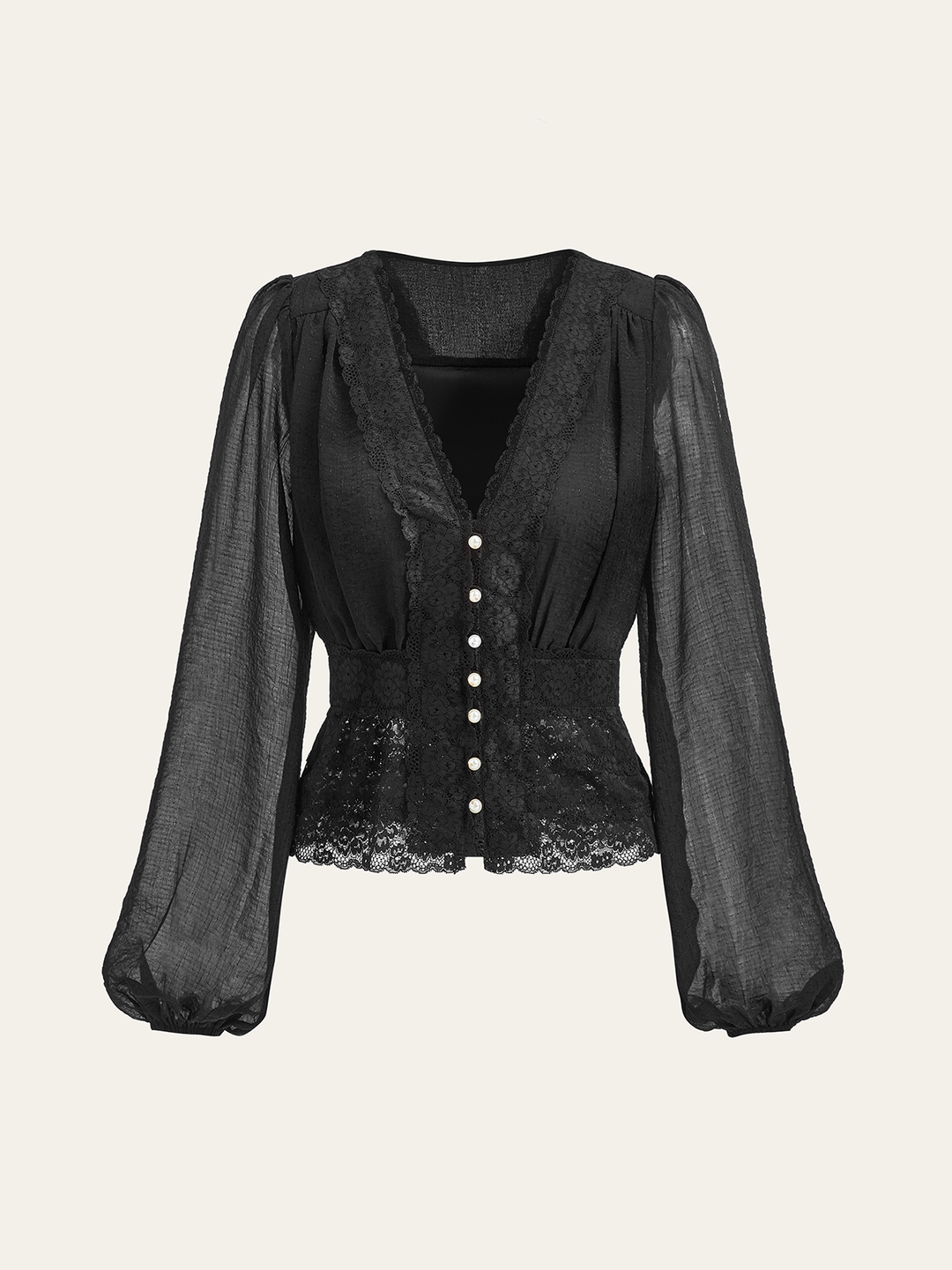 Semi-Sheer Lace Trim Pearl Button Top