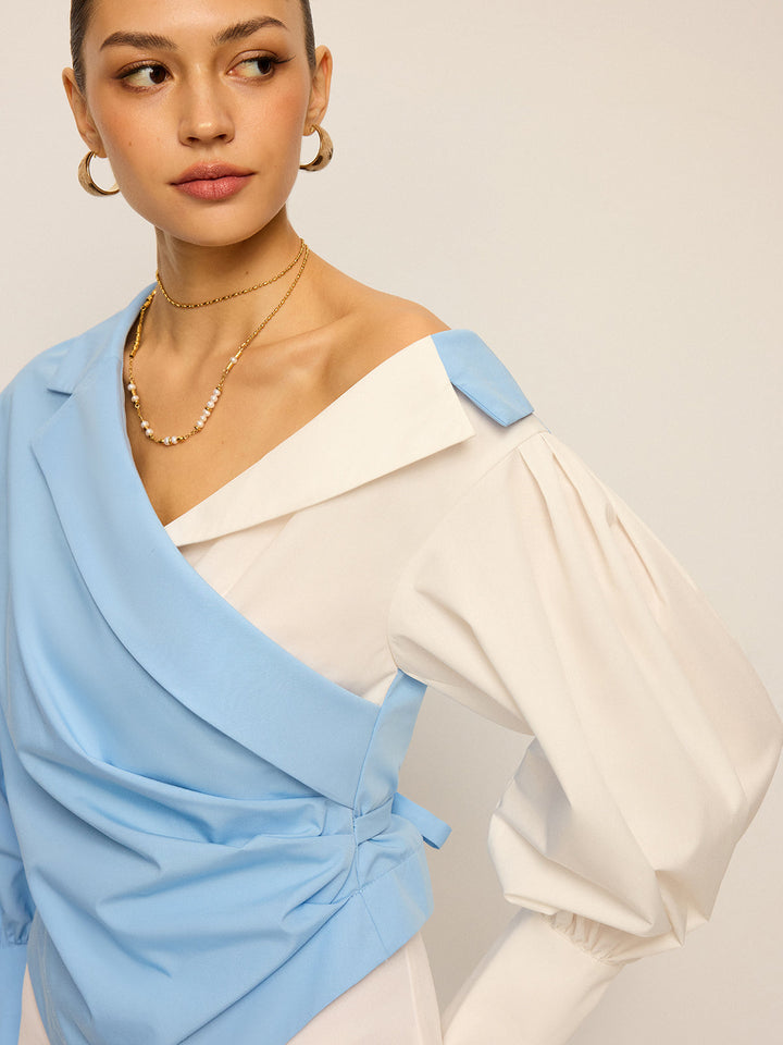 Two-Tone Asymmetric Off-Shoulder Shirt