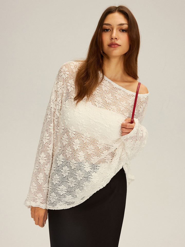 Semi-Sheer Oversized Off-Shoulder Blouse