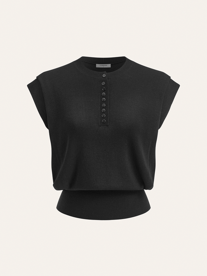 Cap Sleeve Button Cinched Knit Top