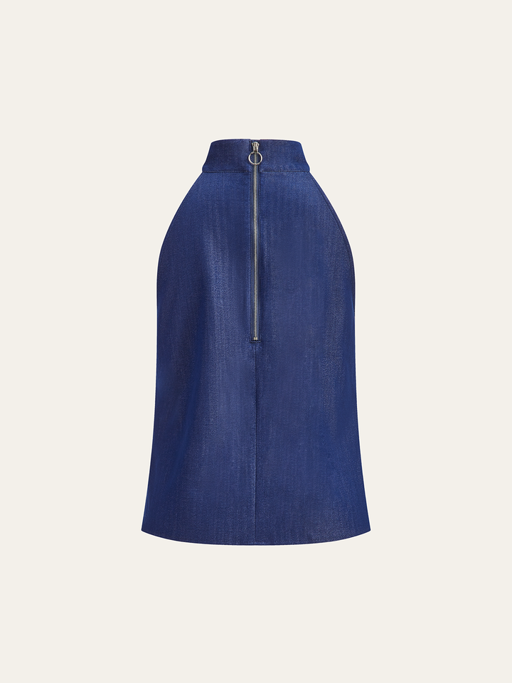 Denim Halter Neck Back Zipper Top