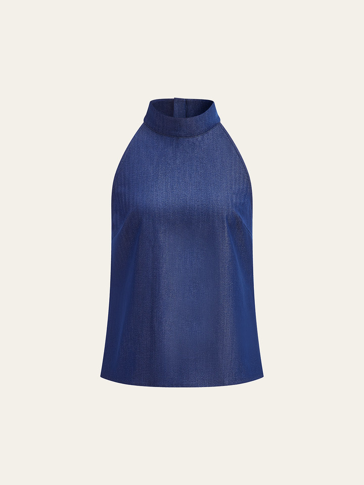 Denim Halter Neck Back Zipper Top