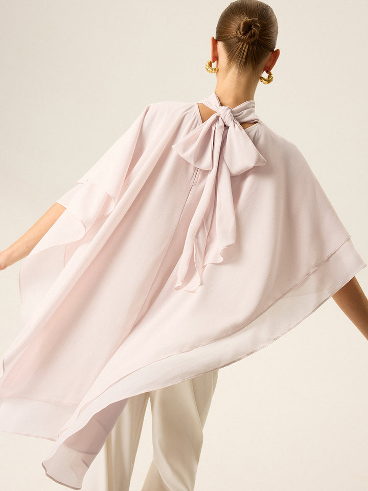 Semi-Sheer Chiffon High-Neck Tiered Cape Top
