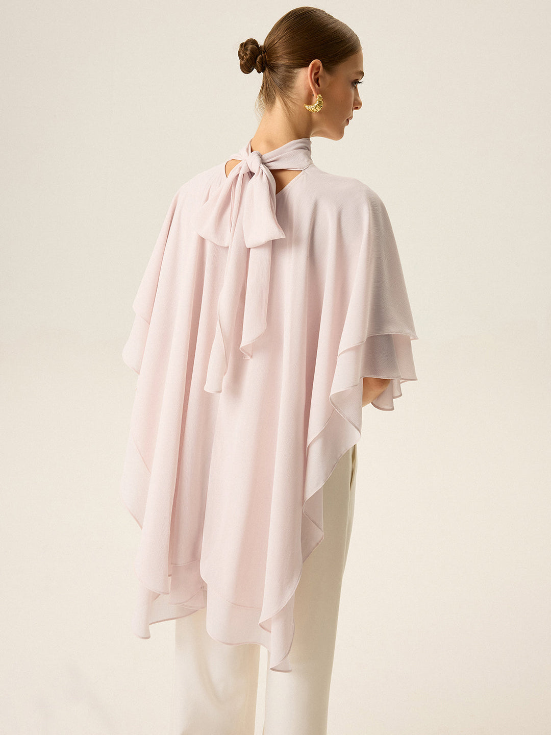 Semi-Sheer Chiffon High-Neck Tiered Cape Top