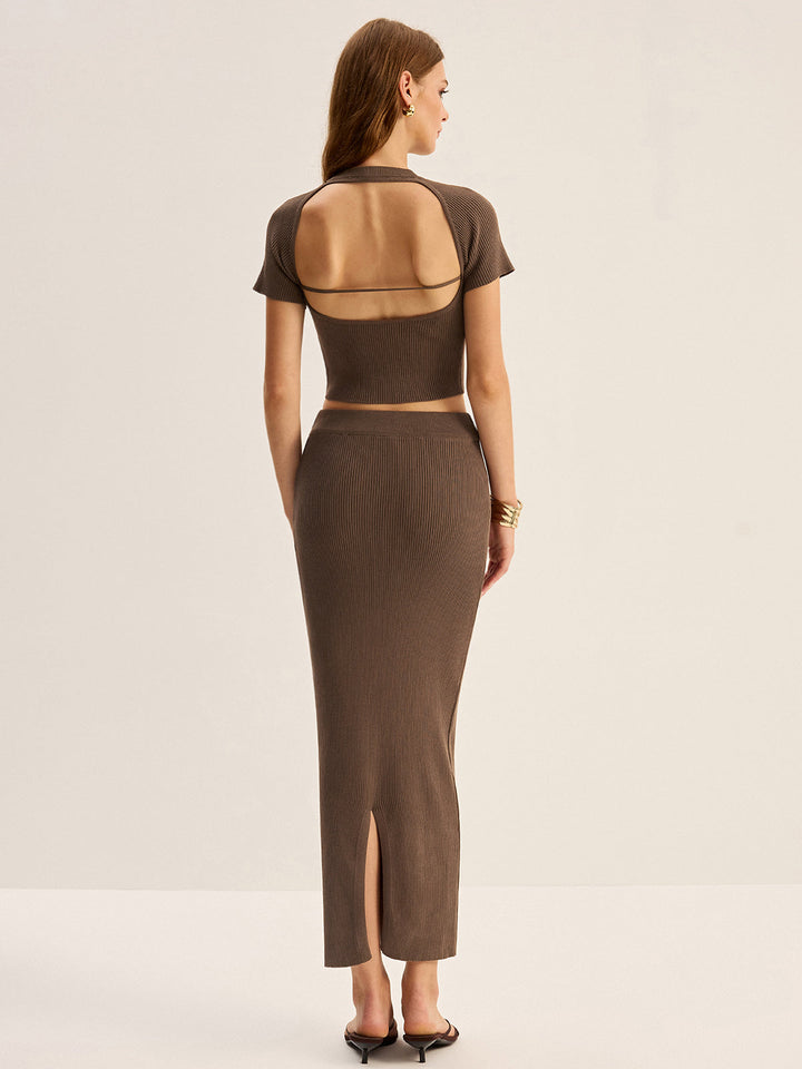 Knit Backless Short-Sleeve Top and Slit Midi Skirt Set