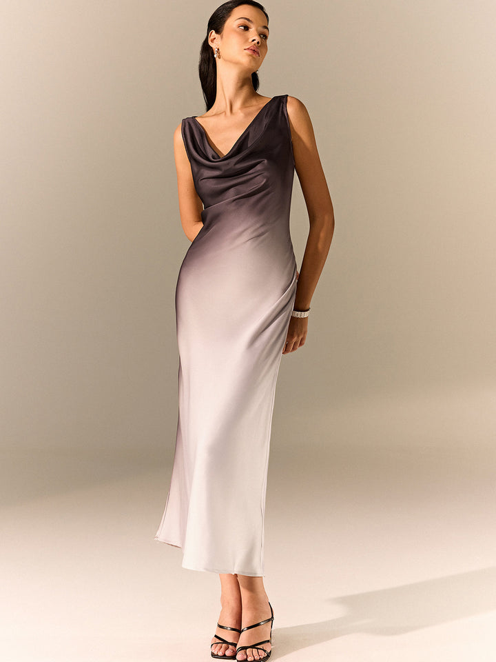 Ombre Satin Cowl Neck Maxi Dress
