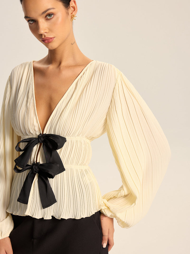 Pleated V-Neck Bow Blouse