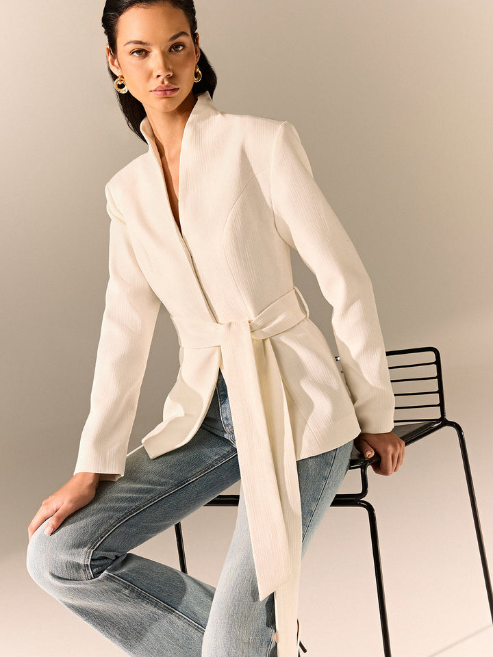 Stand Collar Belted Long Sleeve Blazer