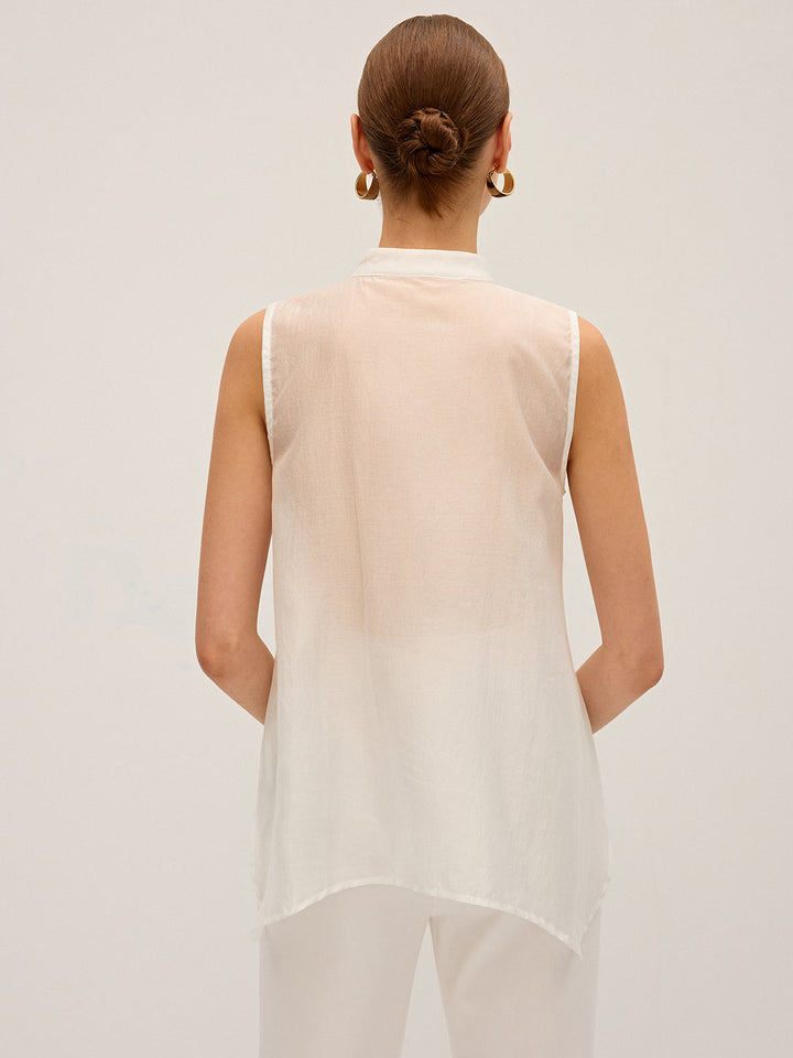 Semi-Sheer Pleated Mock Neck Blouse