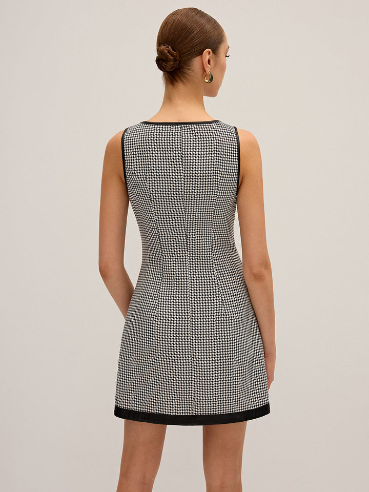 Houndstooth PU Leather Trim Mini Dress