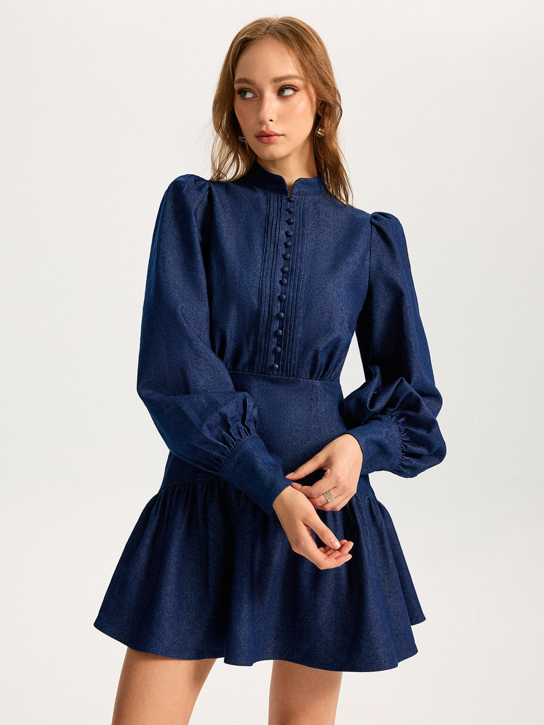 Denim Stand Collar Puff Sleeve Mini Dress