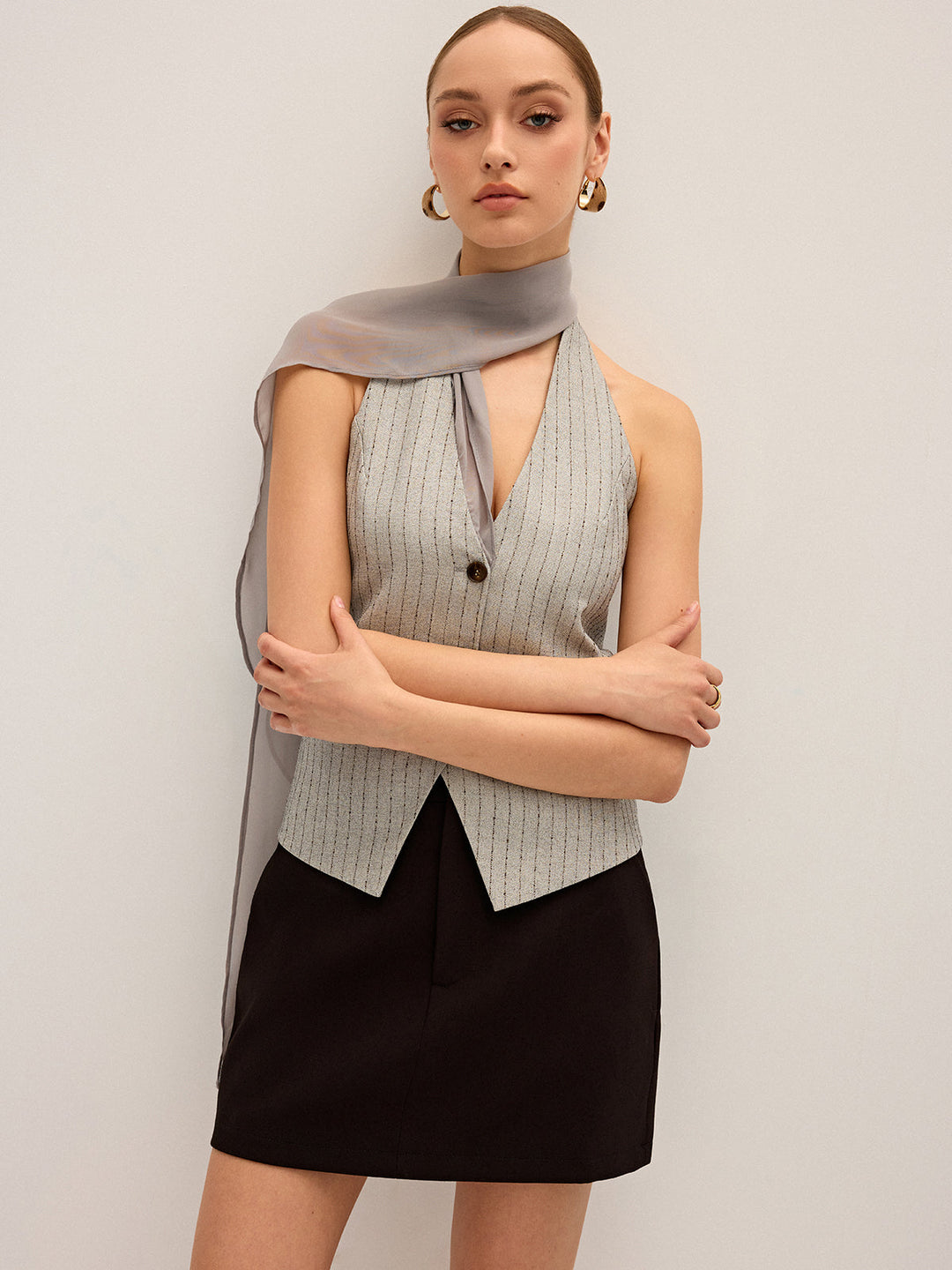 Pinstripe Halter Neck Vest with Chiffon Ribbon Panel