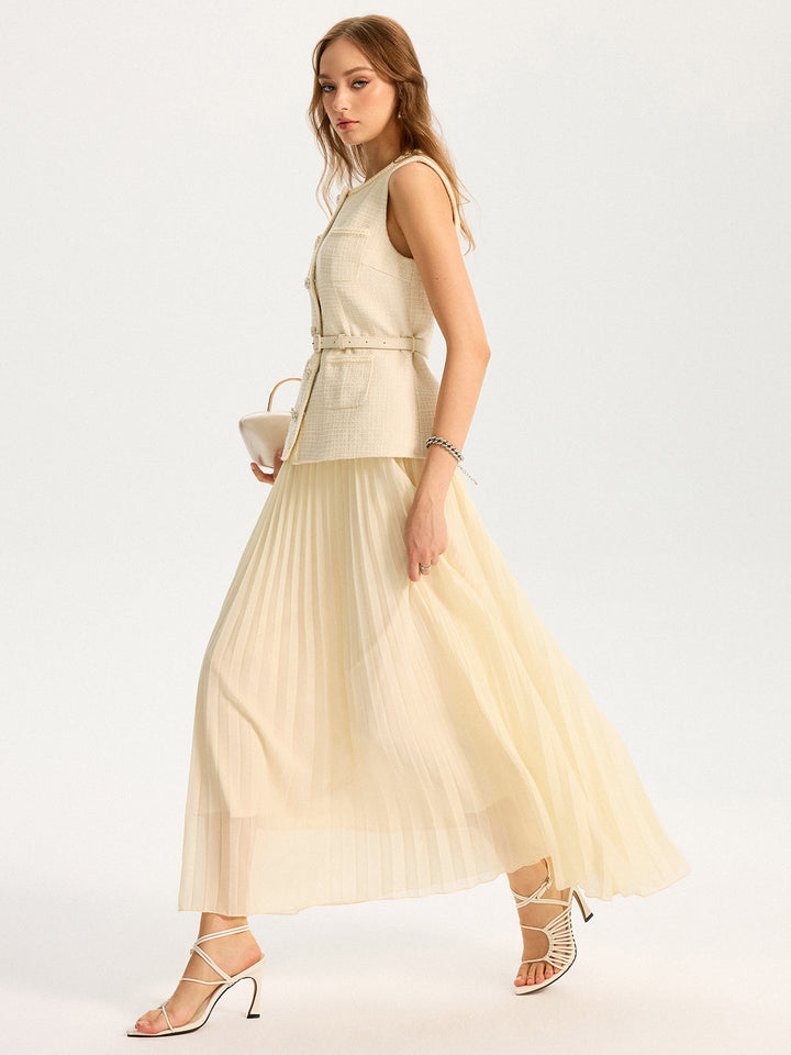 Tweed Sleeveless Vest and Pleated Maxi Skirt Set