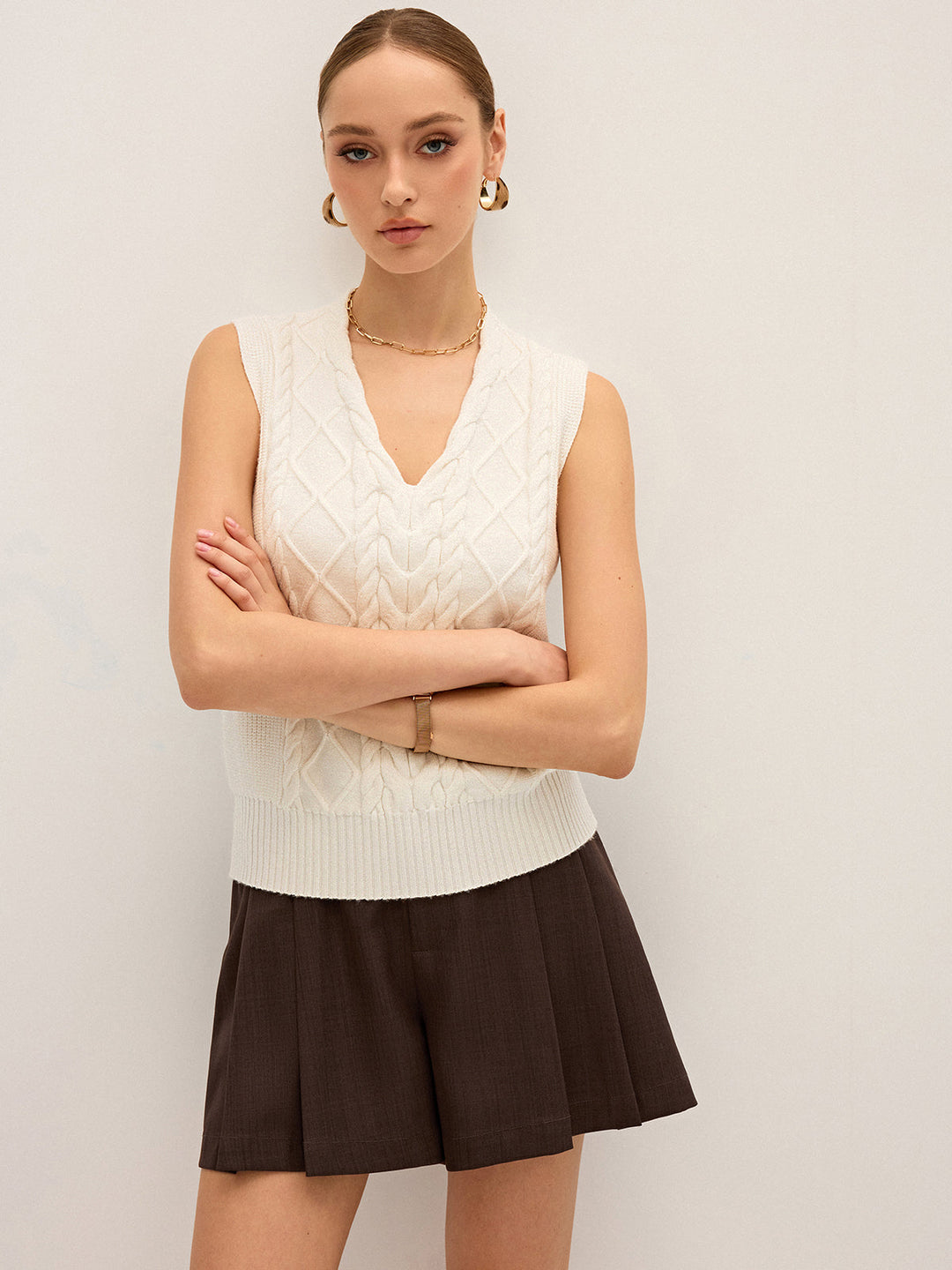 Cable-Knit V-Neck Sweater Vest