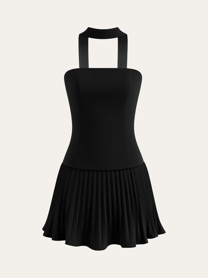 Halter Neck Strapless Pleated Mini Dress