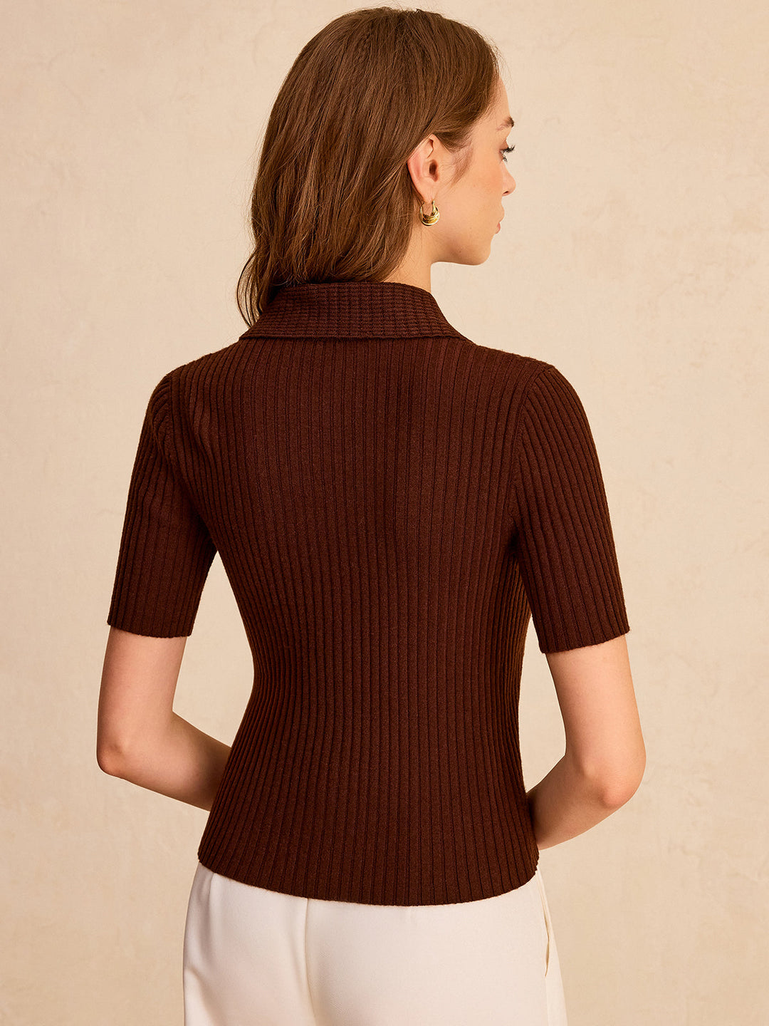 Metal Button Ribbed Knit Polo Top