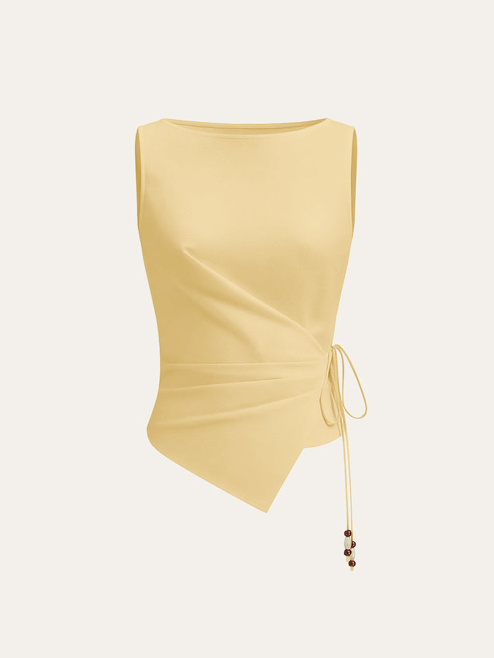 Asymmetric Wrap-Tie Sleeveless Top with Beaded String