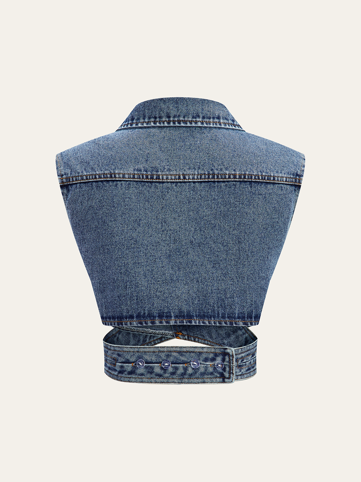 Asymmetric Wrap Denim Lapel Crop Vest