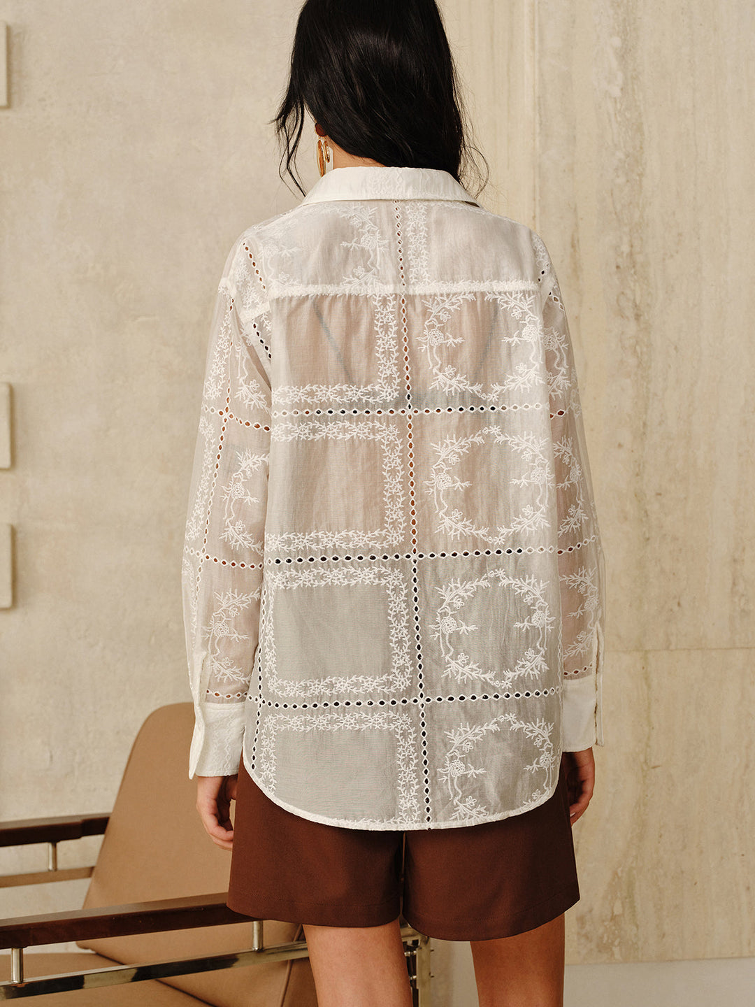 Semi-Sheer Embroidered Eyelet Shirt